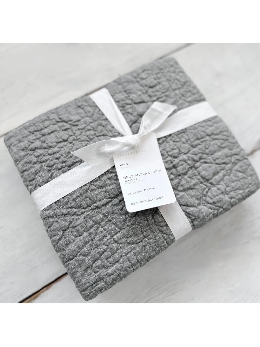 2 NEW Pottery Barn Belgian Flax Linen Floral Quilted KING Pillow SHAMS Gray $159